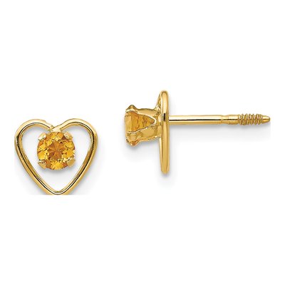 14K Yellow Gold Citrine Heart Screwback Stud Earrings