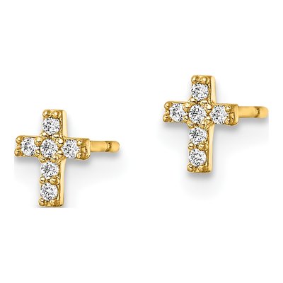 14K Yellow Gold CZ Cross for Girls Stud Earrings – view 3