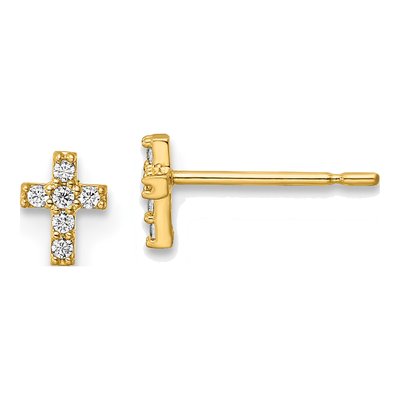 14K Yellow Gold CZ Cross for Girls Stud Earrings