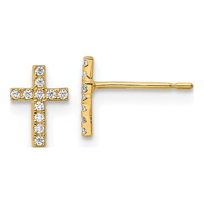 14K Yellow Gold CZ Cross for Girls Stud Earrings