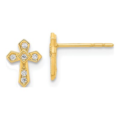 14K Yellow Gold CZ Cross Stud Earrings