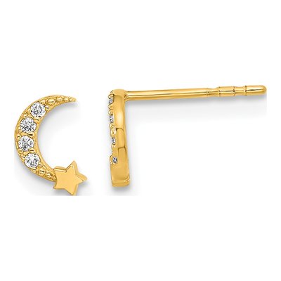 14K Yellow Gold CZ Moon Star Kids' Stud Earrings