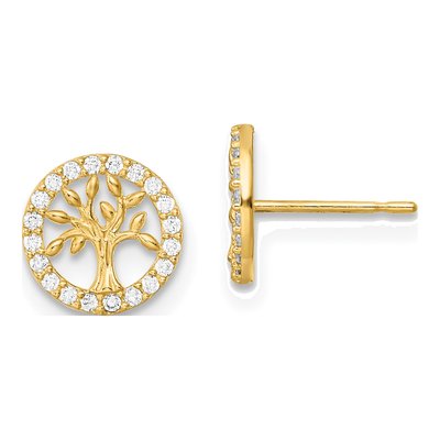 14K Yellow Gold CZ Tree of Life Kids' Stud Earrings
