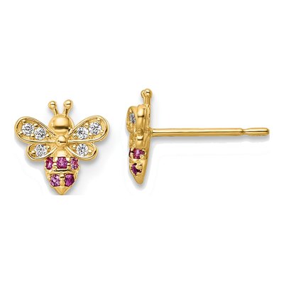 14K Yellow Gold CZ Bee for Girls Stud Earrings
