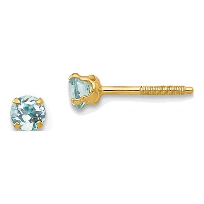 14K Yellow Gold 3mm Round Aquamarine Screwback Stud Earrings