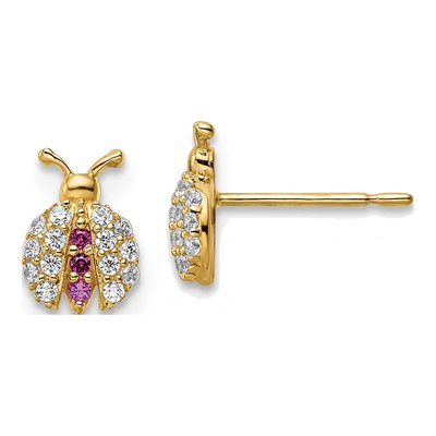 14K Yellow Gold CZ Girls' Ladybug Stud Earrings
