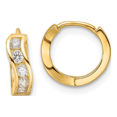 14K Yellow Gold 10mm CZ Girls' Wavy Huggie Hoop Earrings