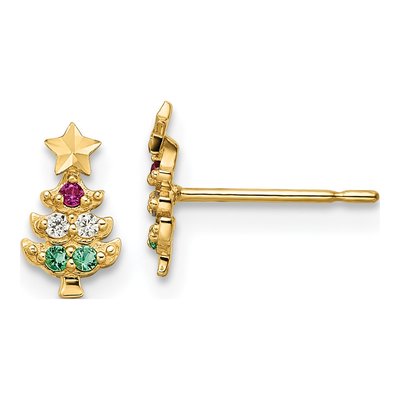 14K Yellow Gold CZ Christmas Tree Stud Earrings