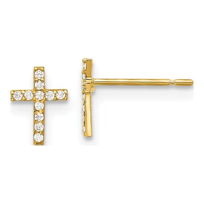 14K Yellow Gold Round CZ Cross Stud Earrings