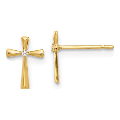 14K Yellow Gold Round CZ Cross Stud Earrings