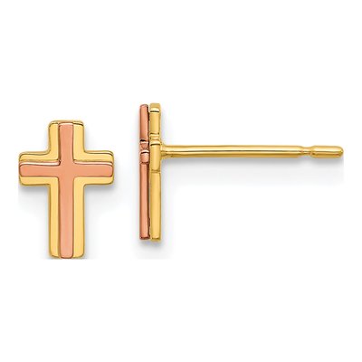 14K Two-Tone Gold Cross Stud Earrings