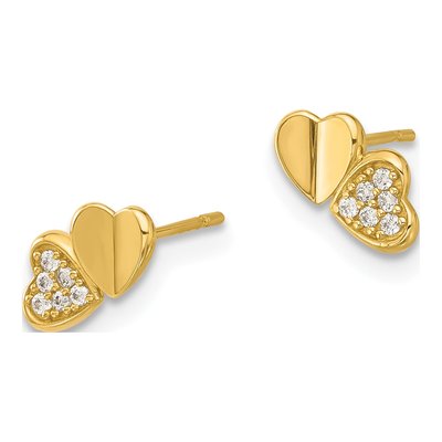 14K Yellow Gold Round CZ Double Hearts Kids Stud Earrings – view 2