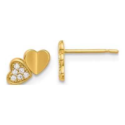 14K Yellow Gold Round CZ Double Hearts Kids Stud Earrings