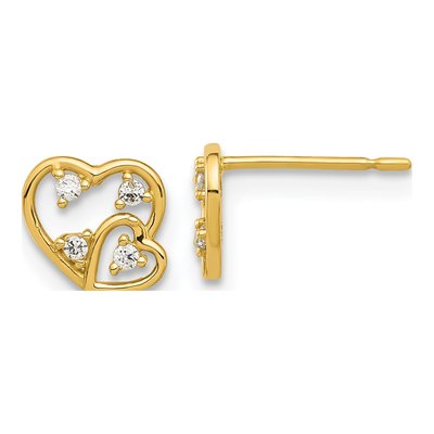 14K Yellow Gold Round CZ Heart Stud Earrings