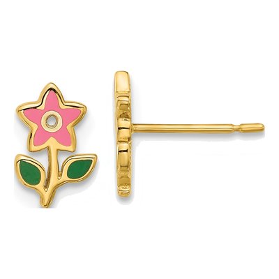 14K Yellow Gold Enamel Flower Stud Earrings