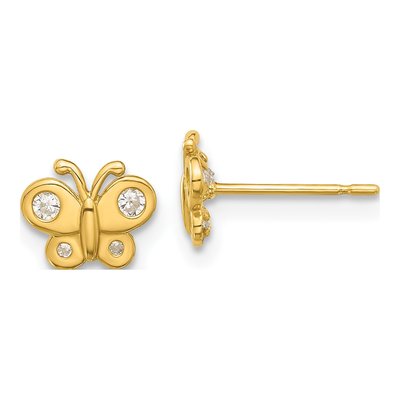 14K Yellow Gold Round CZ Butterfly Stud Earrings
