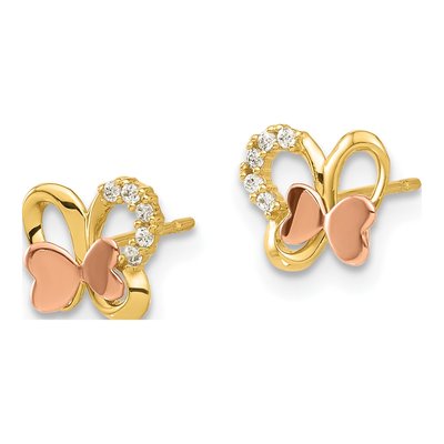 14K Two-Tone Gold Round CZ Girls' Butterfly Stud Earrings – view 2