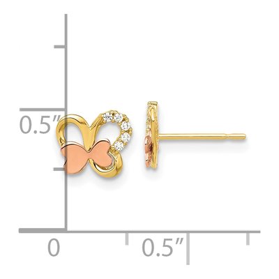 14K Two-Tone Gold Round CZ Girls' Butterfly Stud Earrings – view 4