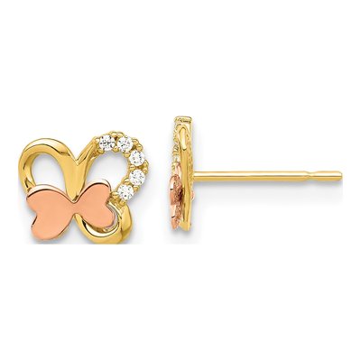 14K Two-Tone Gold Round CZ Girls' Butterfly Stud Earrings