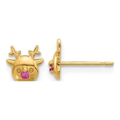14K Yellow Gold Round CZ Reindeer Stud Earrings