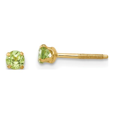 14K Yellow Gold 3mm Round Peridot Birthstone Screwback Stud Earrings