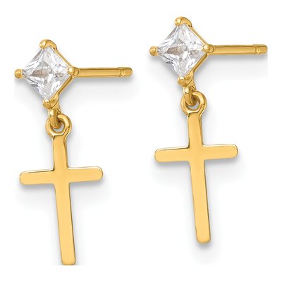 14K Yellow Gold CZ Girls' Cross Dangle Earrings – view 3