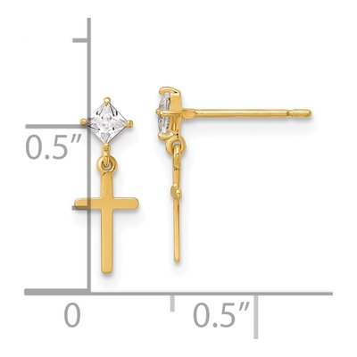 14K Yellow Gold CZ Girls' Cross Dangle Earrings – view 4