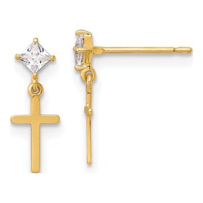 14K Yellow Gold CZ Girls' Cross Dangle Earrings