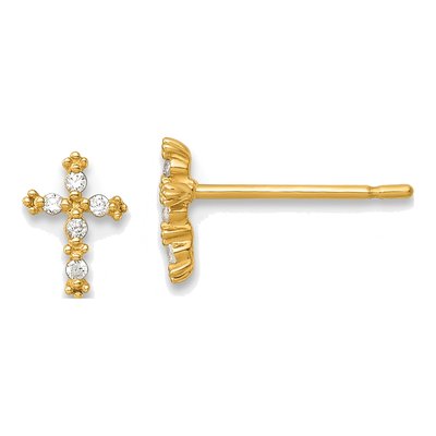 14K Yellow Gold Round CZ Cross for Kids Stud Earrings