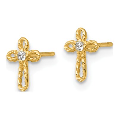 14K Yellow Gold Round CZ Kids' Cross Stud Earrings – view 3
