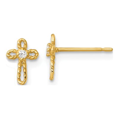 14K Yellow Gold Round CZ Kids' Cross Stud Earrings