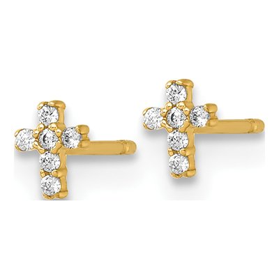 14K Yellow Gold Round CZ Cross for Girls Stud Earrings – view 3