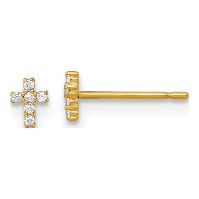14K Yellow Gold Round CZ Cross for Girls Stud Earrings