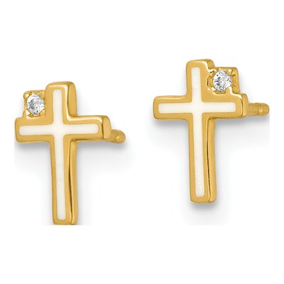14K Yellow Gold Round CZ Enamel Cross Kids' Stud Earrings – view 3