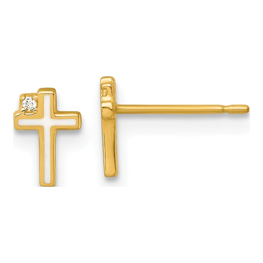 14K Madi K Polished White Enameled Cz Cross Childrens Post Earrings