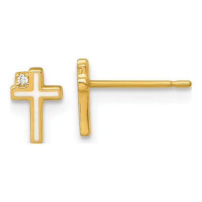 14K Yellow Gold Round CZ Enamel Cross Kids' Stud Earrings