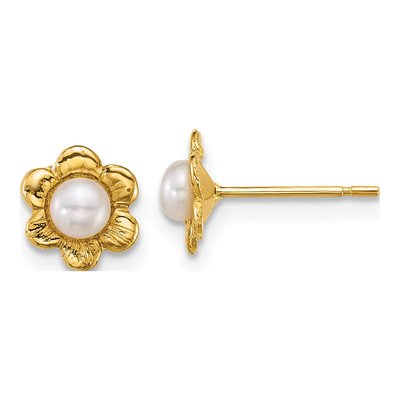 14K Yellow Gold Round Freshwater Cultured Pearl Flower Stud Earrings