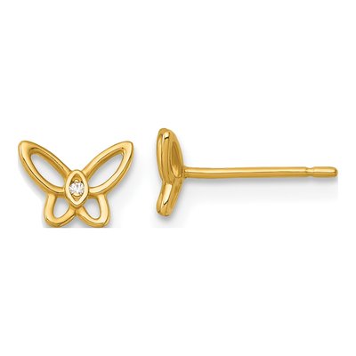 14K Yellow Gold Round CZ Butterfly for Kids Stud Earrings