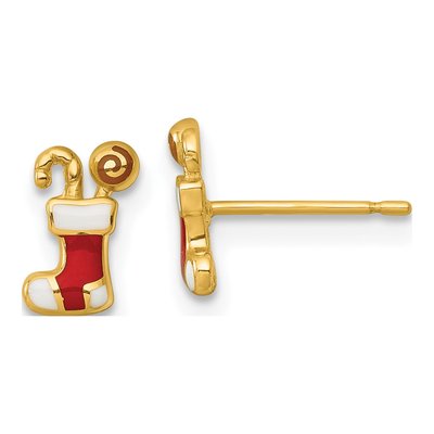 14K Yellow Gold Christmas Stocking Stud Earrings