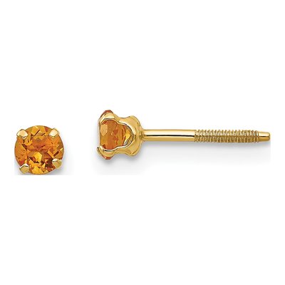 14K Yellow Gold 3mm Round Citrine Birthstone Screwback Stud Earrings
