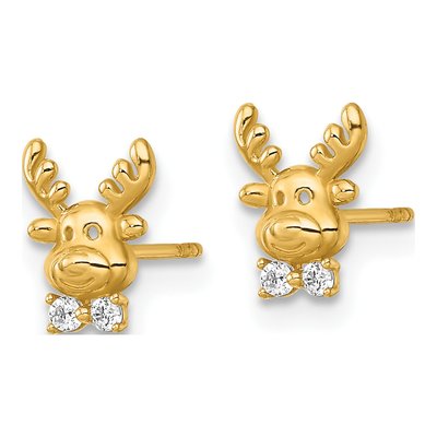 14K Yellow Gold Round CZ Reindeer Stud Earrings – view 3