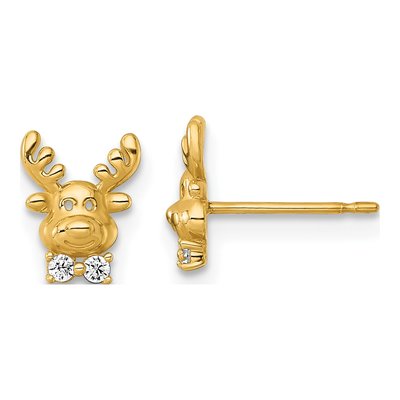 14K Yellow Gold Round CZ Reindeer Stud Earrings