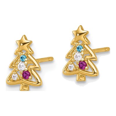 14K Yellow Gold Round CZ Kids' Christmas Tree Stud Earrings – view 3