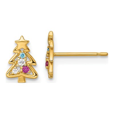 14K Yellow Gold Round CZ Kids' Christmas Tree Stud Earrings