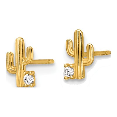 14K Yellow Gold Round CZ Cactus Stud Earrings – view 3
