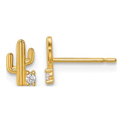14K Yellow Gold Round CZ Cactus Stud Earrings