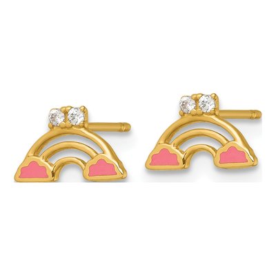14K Yellow Gold Round CZ Enamel Rainbow Kids' Stud Earrings – view 3