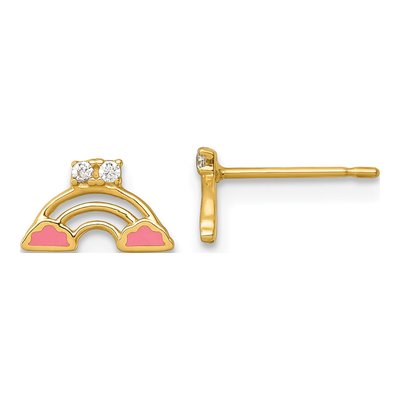 14K Yellow Gold Round CZ Enamel Rainbow Kids' Stud Earrings