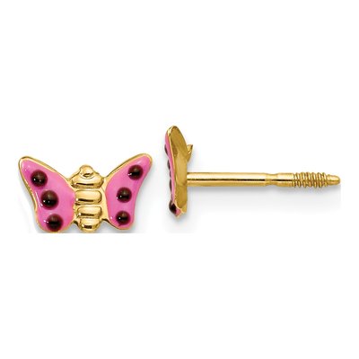14K Yellow Gold Pink Enamel Butterfly Girls' Stud Earrings