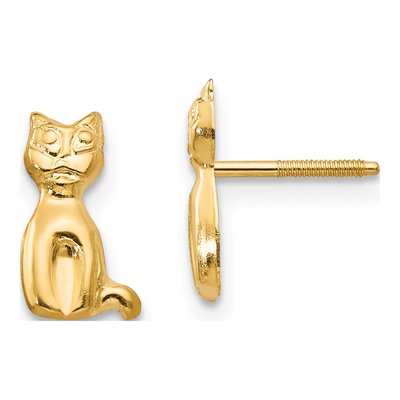 14K Yellow Gold Cat for Girls Stud Earrings